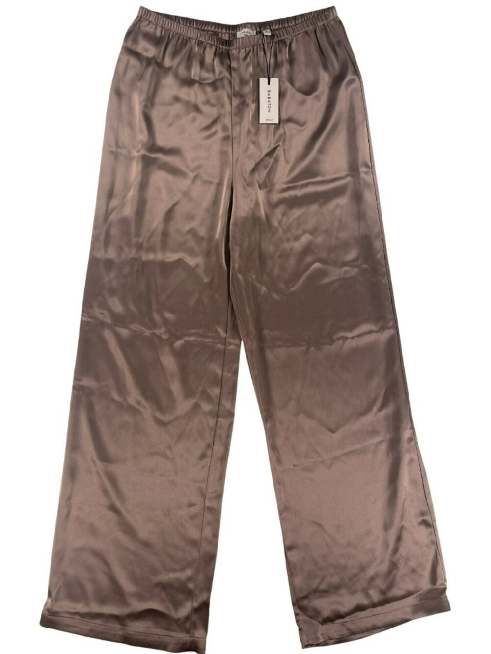 Aritzia Babaton Archer Satin Pants Nomad Taupe Elastic Waist Wide-Leg Size S NEW